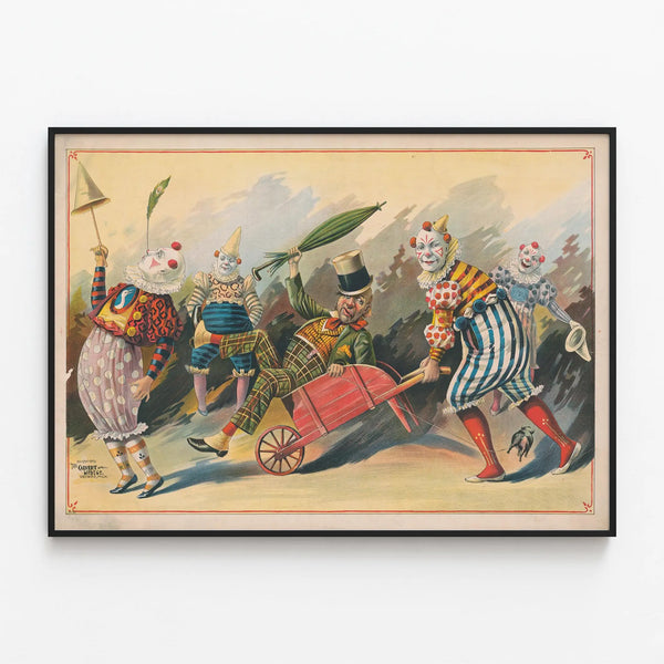 Vintage poster of five clowns in a comic scene with a wheelbarrow — framed artwork on a wall