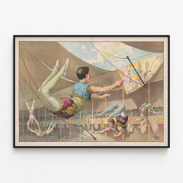 Vintage poster of male acrobats at the circus — framed artwork on a wall