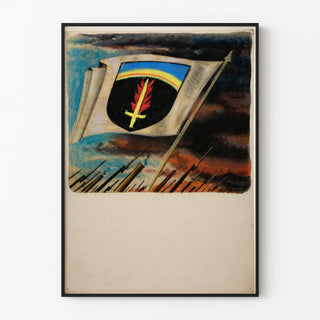 Flag poster with flaming sword and shield