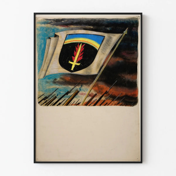 Flag poster with flaming sword and shield