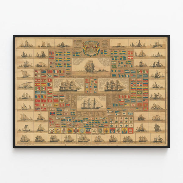 Vintage poster of maritime pavilions and types of ancient ships — framed artwork on a wall