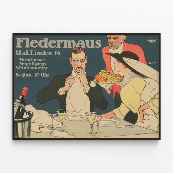Vintage restaurant poster wine and pleasure under the linden trees — framed artwork on a wall