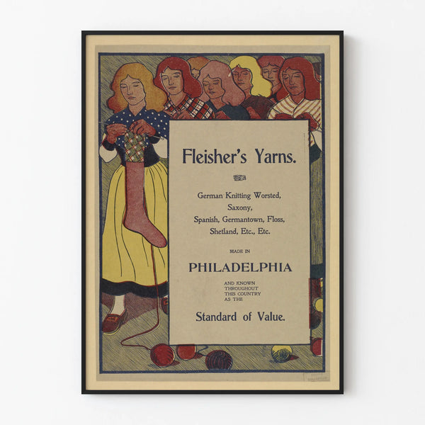 Vintage poster Fleisher's Yarns, knitted wall decoration