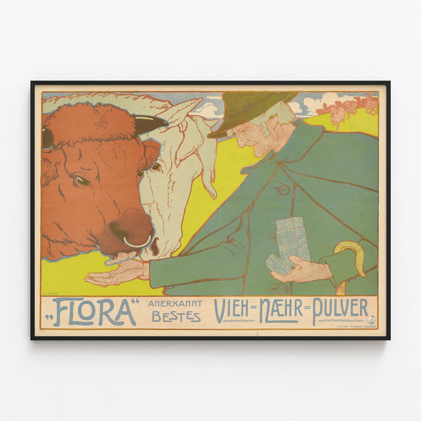 Vintage Flora advertising poster for pet food — framed artwork on a wall