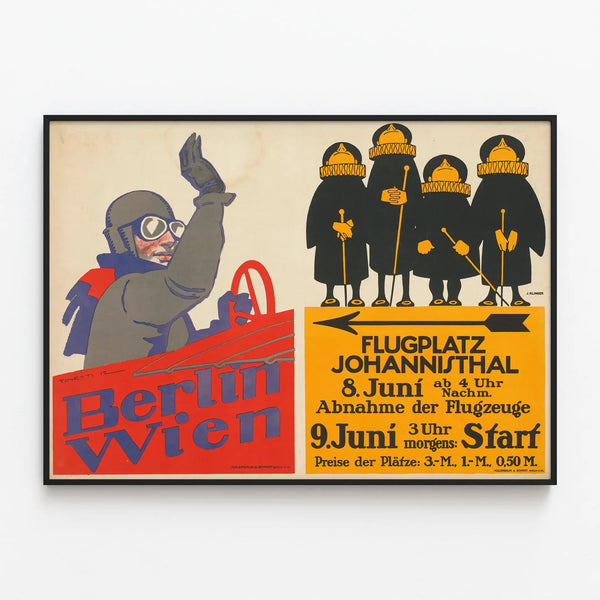 Vintage poster Berlin-Vienna Johannisthal Airfield — framed artwork on a wall