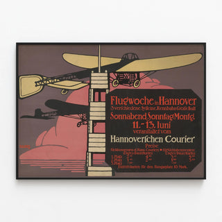 Vintage Flugwoche Poster in Hanover - Airplanes and Control Tower — framed artwork on a wall
