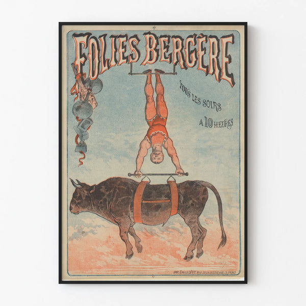Vintage poster of Folies Bergère acrobat with bull