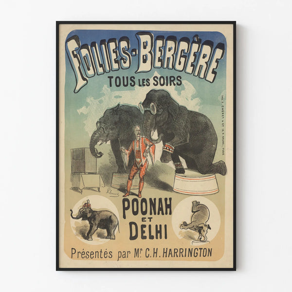 Vintage poster of Folies Bergère with Poonah and Delhi elephants