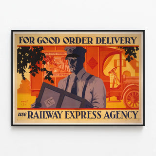 Vintage Railway Express Agency Poster Reliable Delivery — framed artwork on a wall