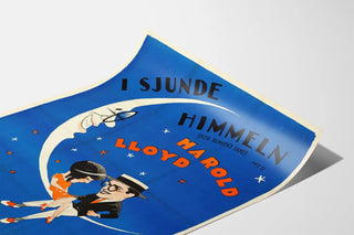 Vintage poster For Heaven's Sake on a blue moon background