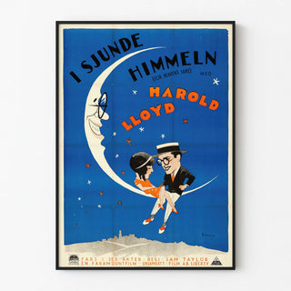 Vintage poster For Heaven's Sake on a blue moon background