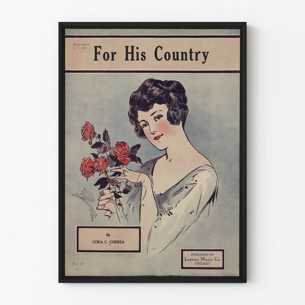 Vintage poster For His Country featuring a female portrait and roses