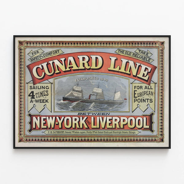 Vintage poster Cunard Line New York Liverpool — framed artwork on a wall