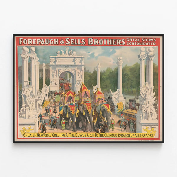 Vintage Poster Forepaugh & Sells Brothers Great Shows - Parade at the Arc de la Victoire — framed artwork on a wall