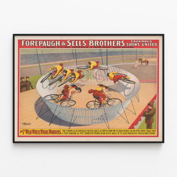 Vintage Circus Poster Forepaugh & Sells Brothers - The 7 Wonder Wheel Whirls — framed artwork on a wall