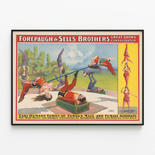 Vintage poster Forepaugh & Sells Brothers - Acrobatic family Carl Damann — framed artwork on a wall