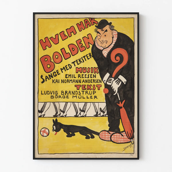 Vintage humorous caricature poster with character and black cat