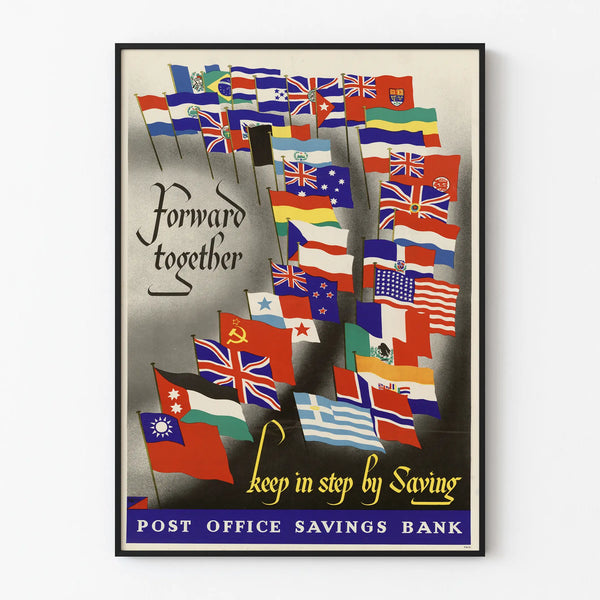 Vintage Poster of the Post Office Savings Bank with World Flags