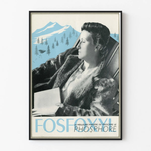 Vintage Fosfoxyl advertising poster featuring mountain and relaxation decor