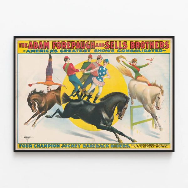 Vintage poster of equestrian stunt riders balancing — framed artwork on a wall
