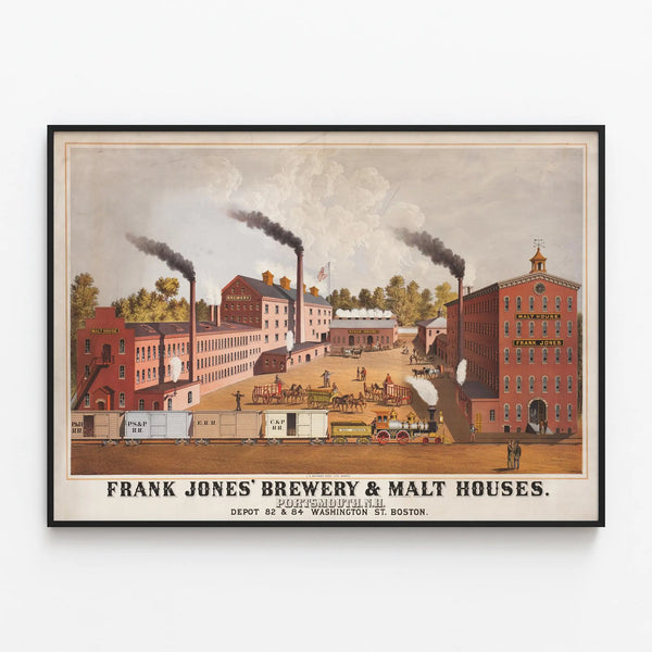 Vintage poster of Frank Jones Brewery & Malt Houses in Portsmouth — framed artwork on a wall
