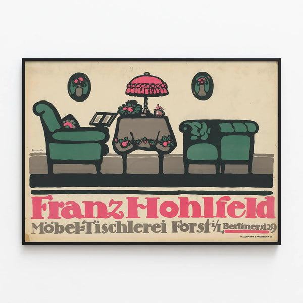 Vintage poster Franz Hohlfeld Furniture and Cabinetmaking Forst — framed artwork on a wall