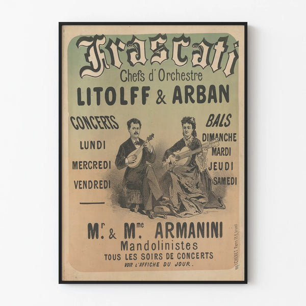 Vintage poster of Frascati concerts and dances with conductors Litolff & Arban