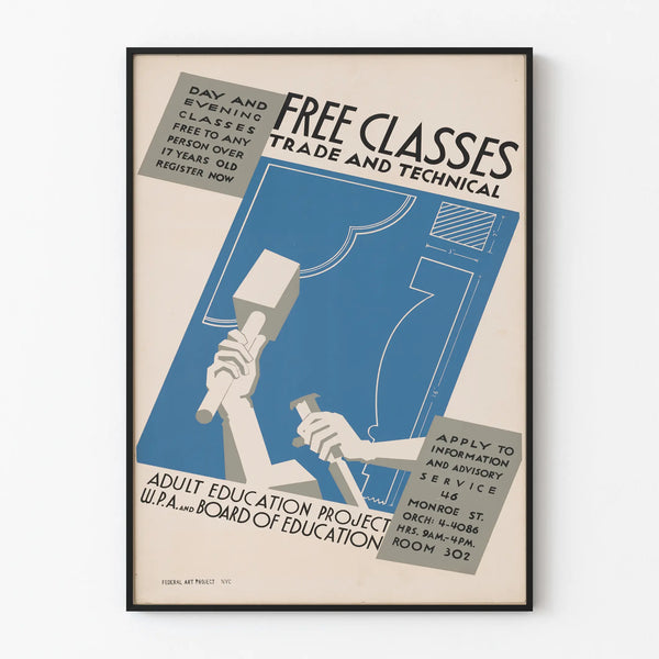 Vintage poster of free courses in commerce and technology
