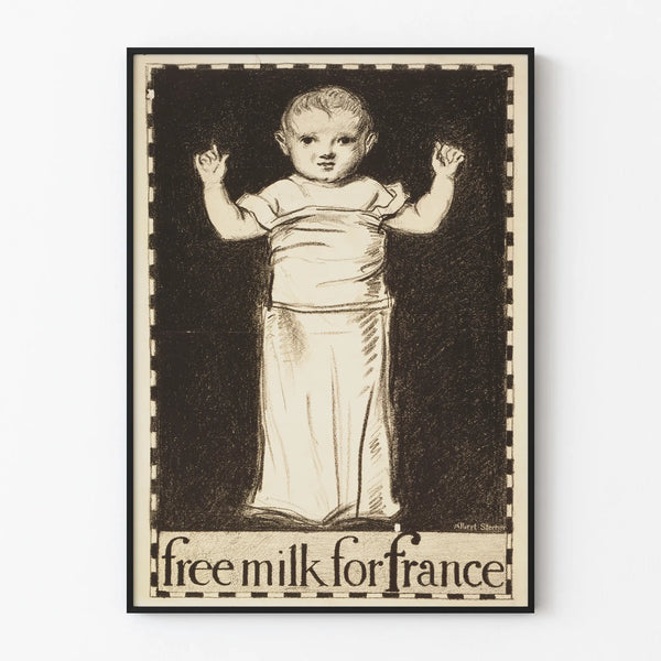 Vintage poster Free Milk for France with a line drawing of a baby
