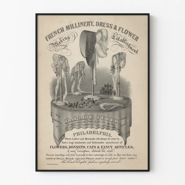 Vintage poster of a hat-making workshop and French flowers