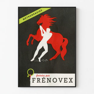 Vintage Frénovex Poster - Illustration of a horse and human silhouette in red and white