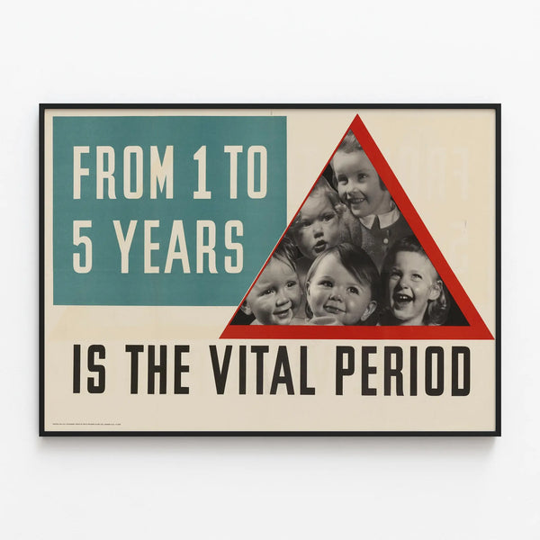 Vintage educational poster on the vital period from 1 to 5 years — framed artwork on a wall