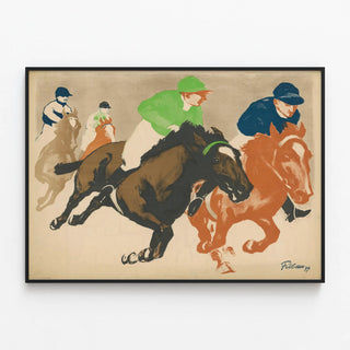 Vintage poster of horse racing spring races — framed artwork on a wall