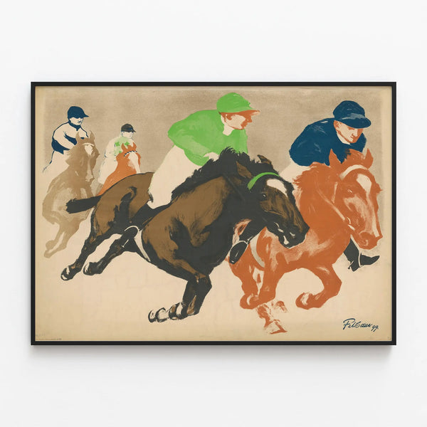 Vintage poster of horse racing spring races — framed artwork on a wall