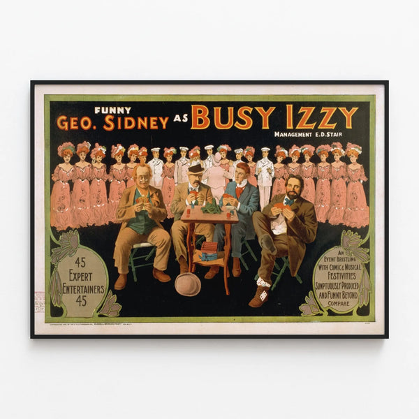 Vintage poster Funny Geo. Sidney as Busy Izzy - Retro wall decoration — framed artwork on a wall