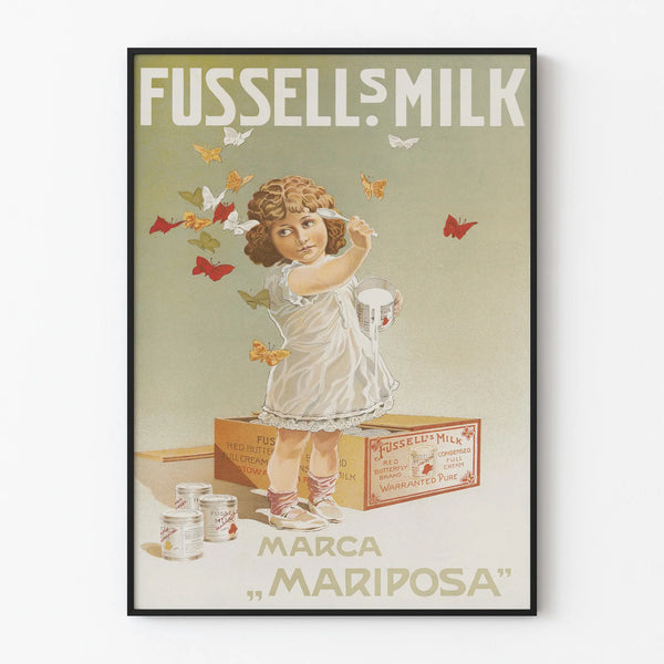 Vintage Fussell's Milk advertising poster wall decoration for children and butterflies