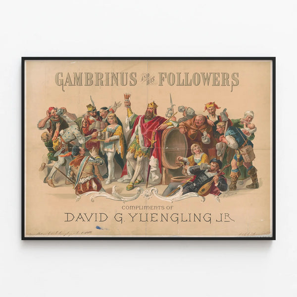 Vintage poster of Gambrinus and his followers for wall decoration — framed artwork on a wall