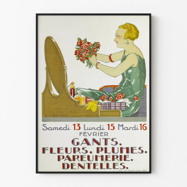 Vintage poster for wall decoration Gloves, Flowers, Feathers, Perfumery, Laces