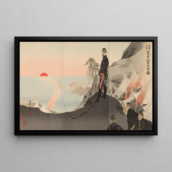Officers and men admiring the sunrise in bivouac in the mountains of Port Arthur - Ogata Gekkō — framed artwork on a wall