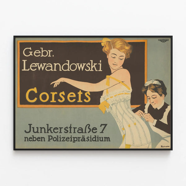 Vintage Poster Corsets Gebruder Lewandowski — framed artwork on a wall