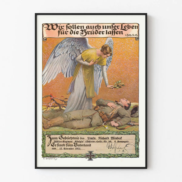 Commemorative military poster with angel and fallen soldier