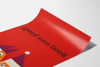 Red wall decoration poster with geometric illustration and the text 'geef een boek'