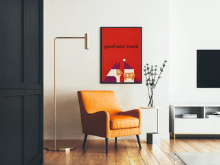 Red wall decoration poster with geometric illustration and the text 'geef een boek'