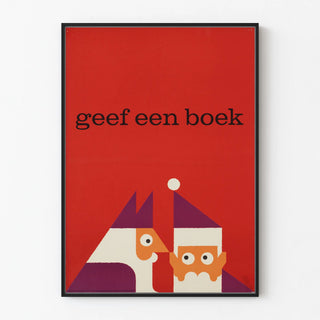 Red wall decoration poster with geometric illustration and the text 'geef een boek'