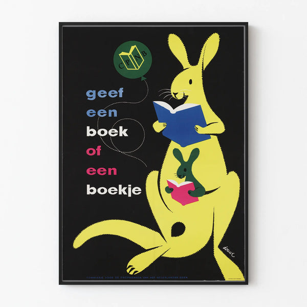 Vintage decorative poster of a rabbit reading - Colorful wall art