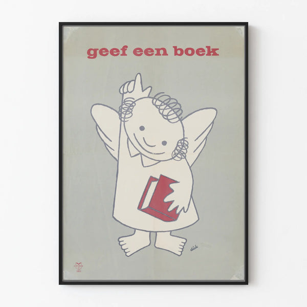 Vintage poster of an angel with a red book - Geef Een Boek