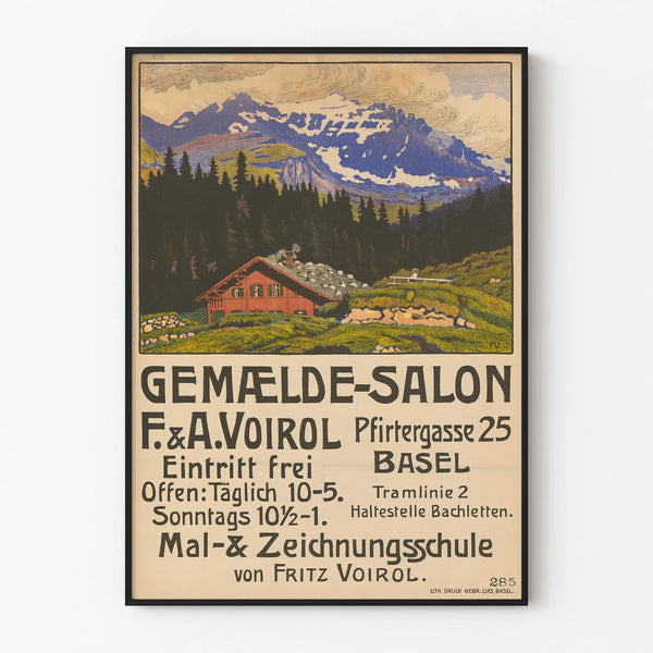 Vintage poster for mountain chalet and forests decoration in Basel