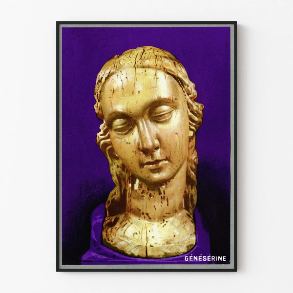 Decorative wall poster of a sculpted bust on a purple background