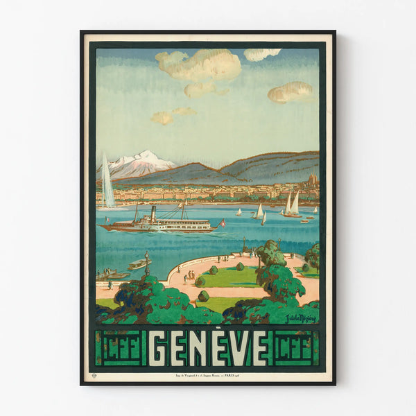 Vintage Geneva CFF poster with lakeside and mountain landscape