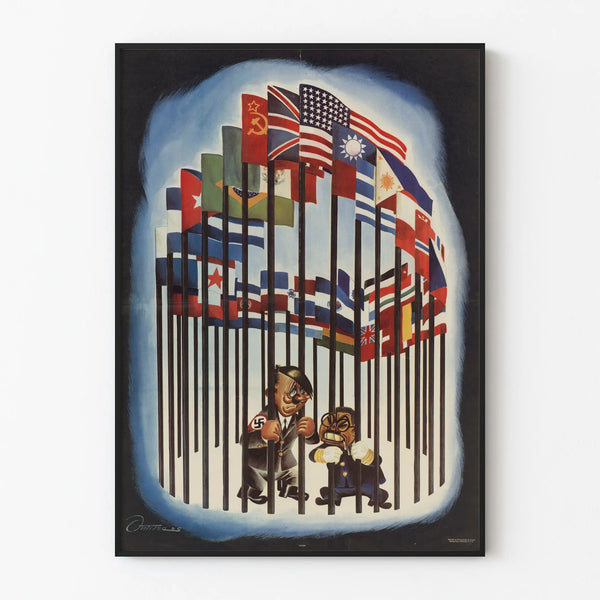 Historical propaganda poster Germany and Japan behind bars